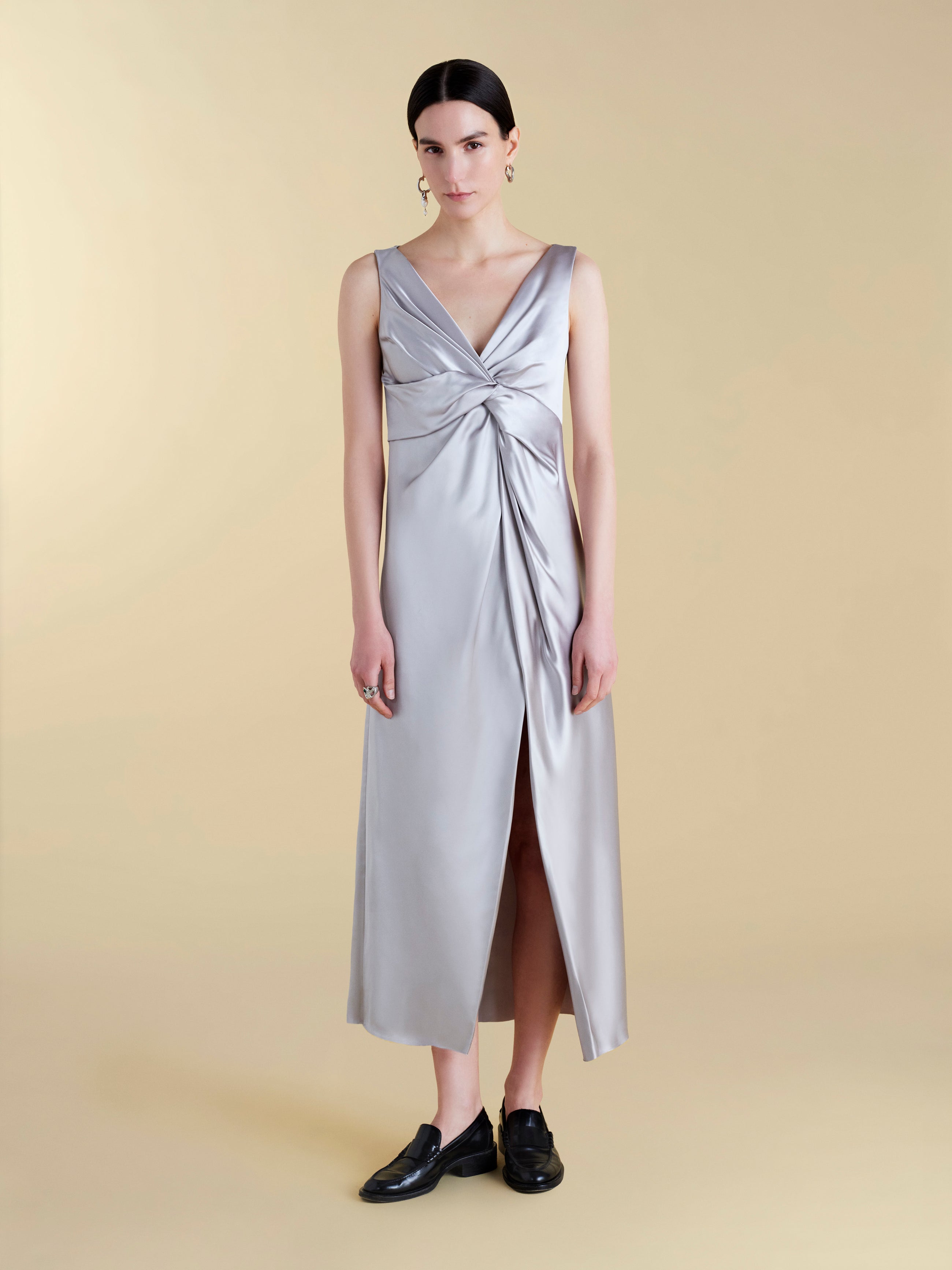 Satin V-Neck Twist Dress