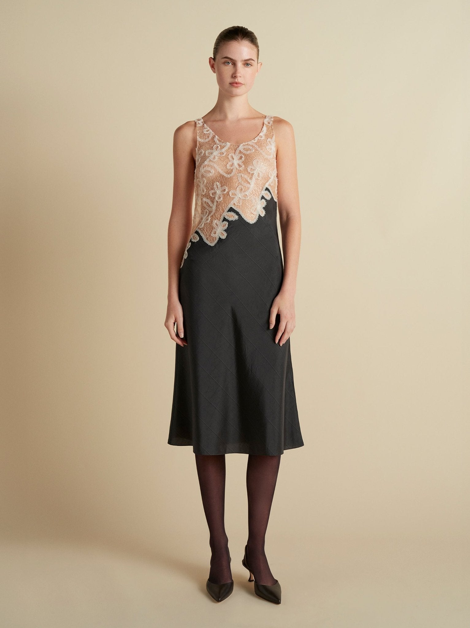 Pinstripe Dress with Lace Encrustation - Marina Moscone 6