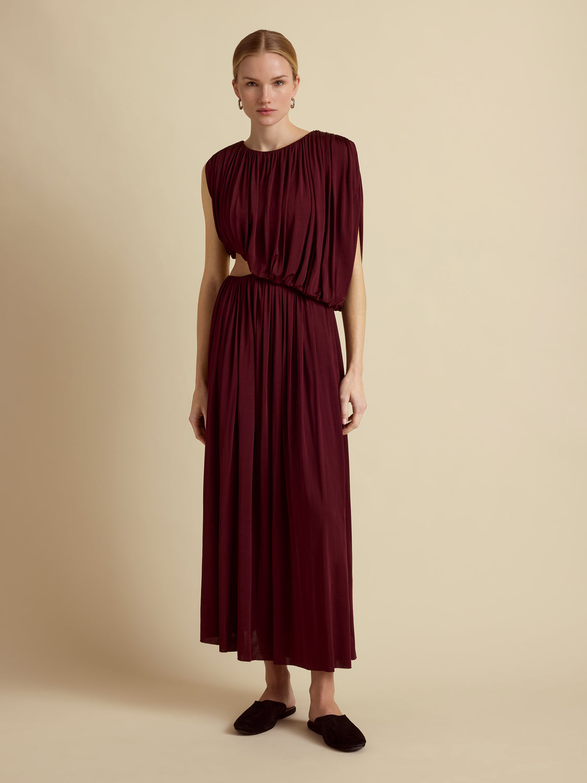 draped jersey dress Marina Moscone Gathered in Wine Color:Jade/Emerald A flared skirt softens __with:acc0467_gold Authentic Vintage 1960s Christmas