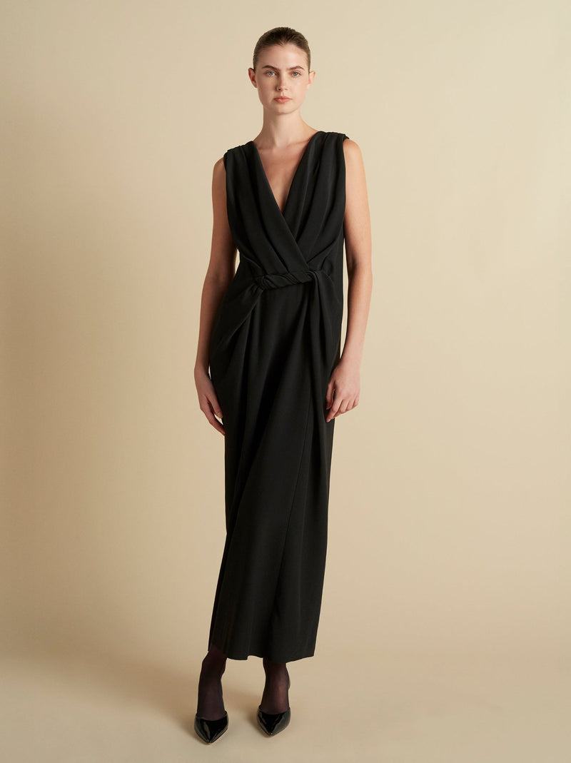 Cady V - Neck Draped Twist Belt Dress - Marina Moscone