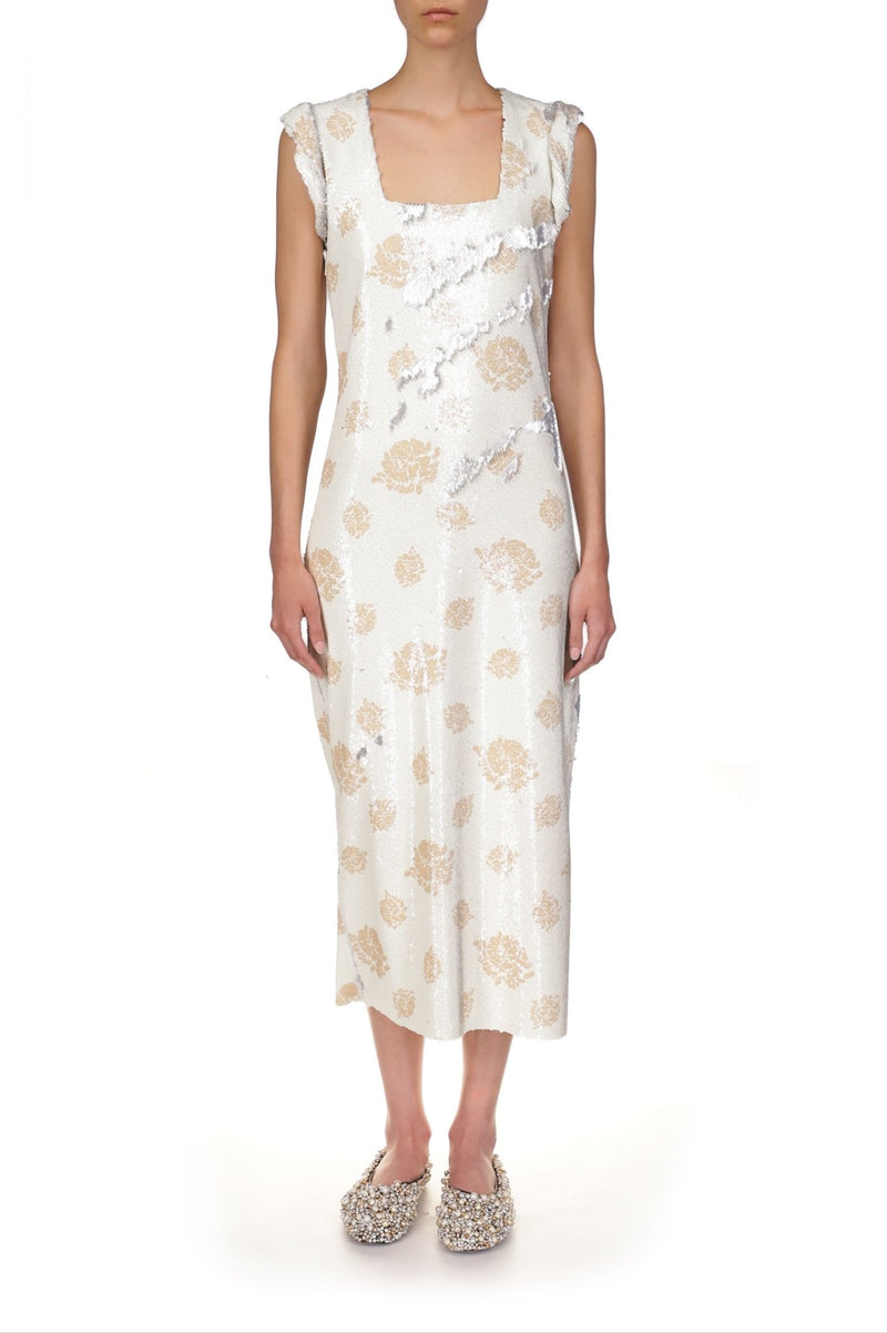 Floral Paillette Sheath with Rolled Armhole - Marina Moscone