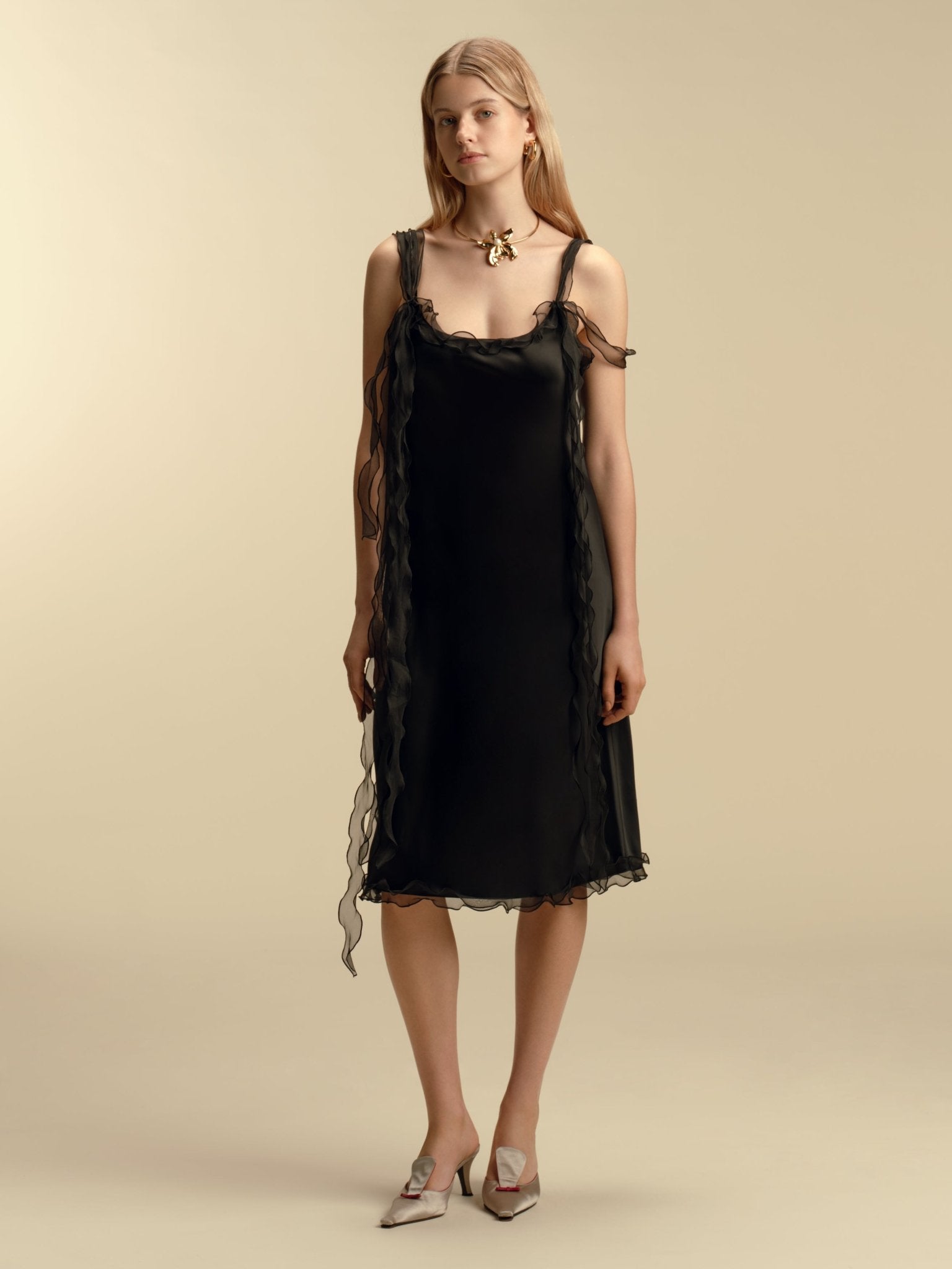 Satin Slipdress with Ruffle Trim - Marina Moscone