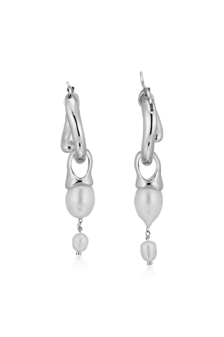 Silver Interlocking Hoops with Pearl Pendants - Marina Moscone