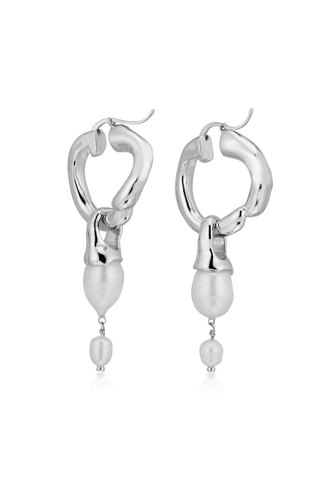 Silver Interlocking Hoops with Pearl Pendants - Marina Moscone