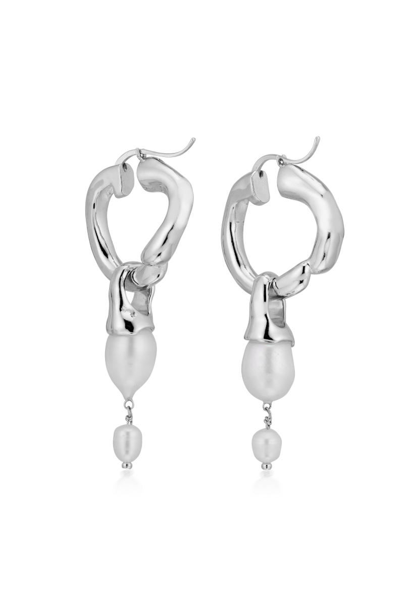 Silver Interlocking Hoops with Pearl Pendants - Marina Moscone