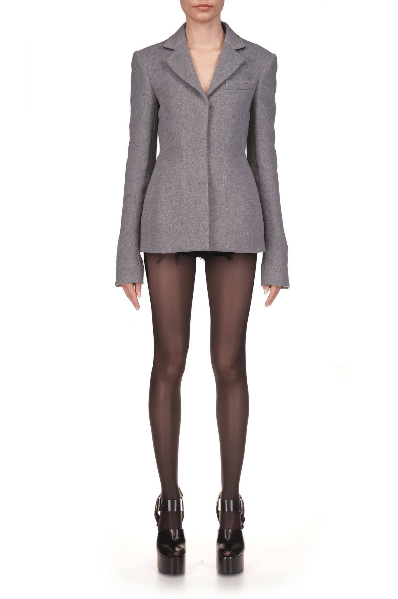 Wool Melangé Waisted Basque Blazer - Marina Moscone